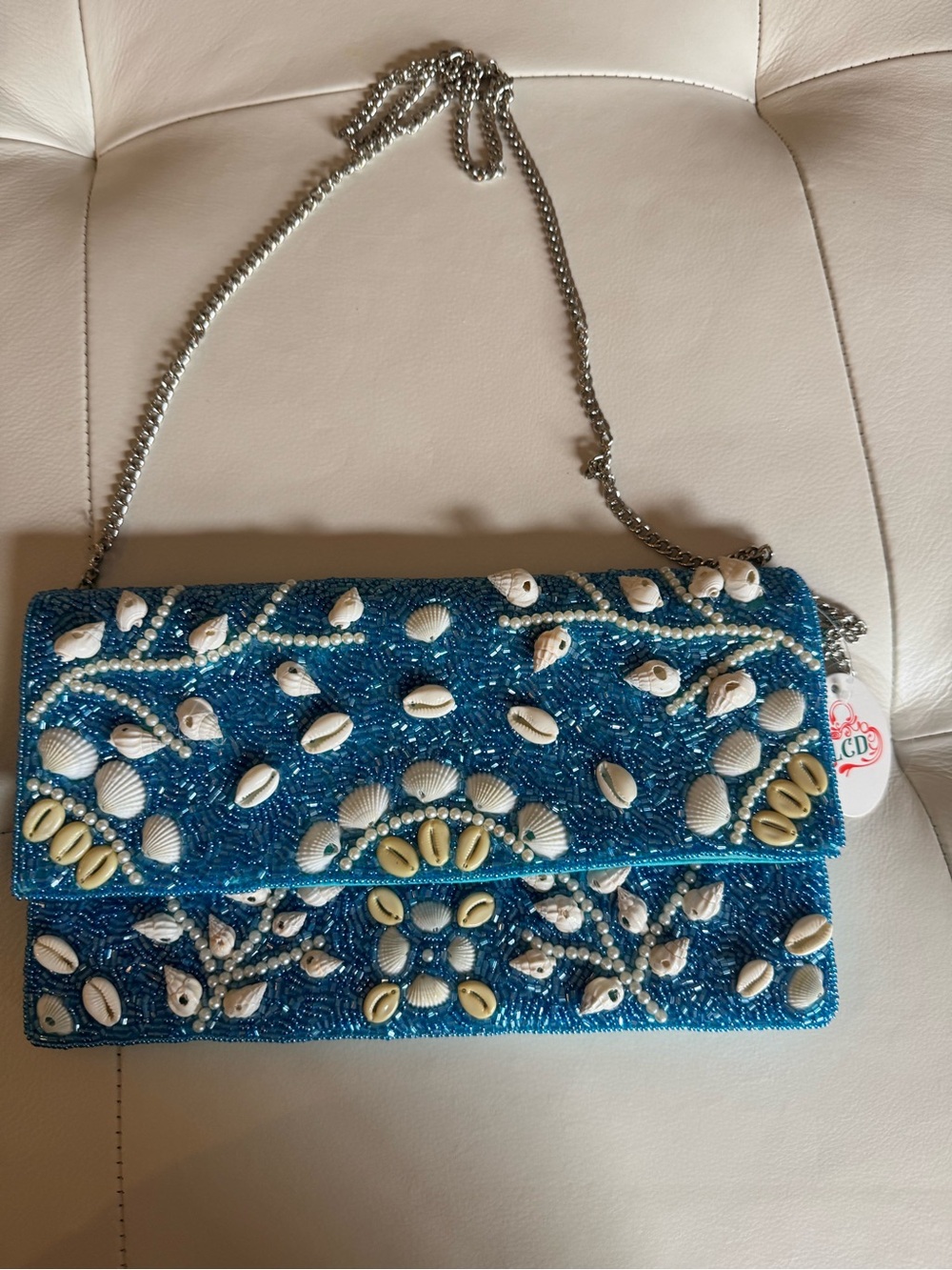 Blue Beaded Shell Embellished Crossbody Bag by